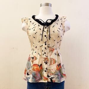 Odille Anthropologie Ruffle Pattern Blouse Artsy Button Up Cap Sleeve Rare Top